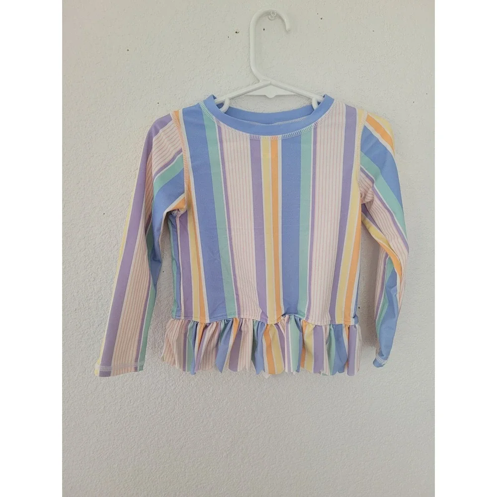 Ruffle‎ Butts Toddler Girls 3T Rash Guard Long Sleeve Stripe Ruffle Swim Top #2